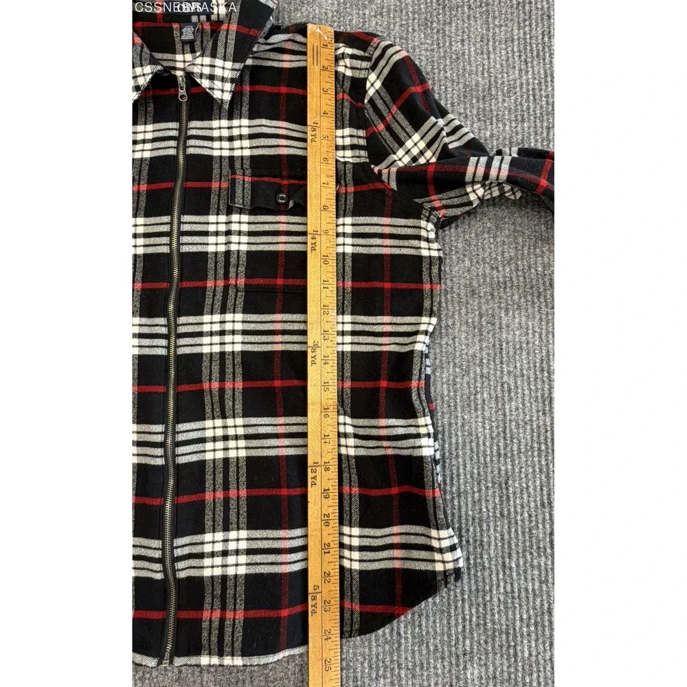 CHAPS Red Black White Womens Full Zip Flannel Shirt Jacket Plaid Long Sleeve - L